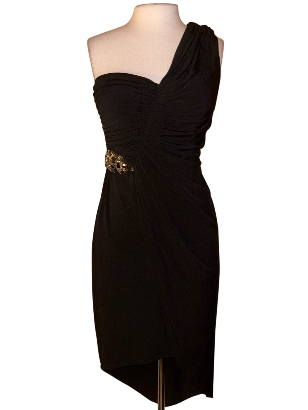 David Meister Black One-Shoulder Evening Dress with rhinestone Embellishment